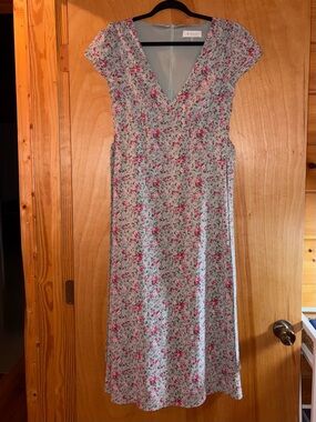Floral V-Neck Midi Dress in Light Green with Pink Roses